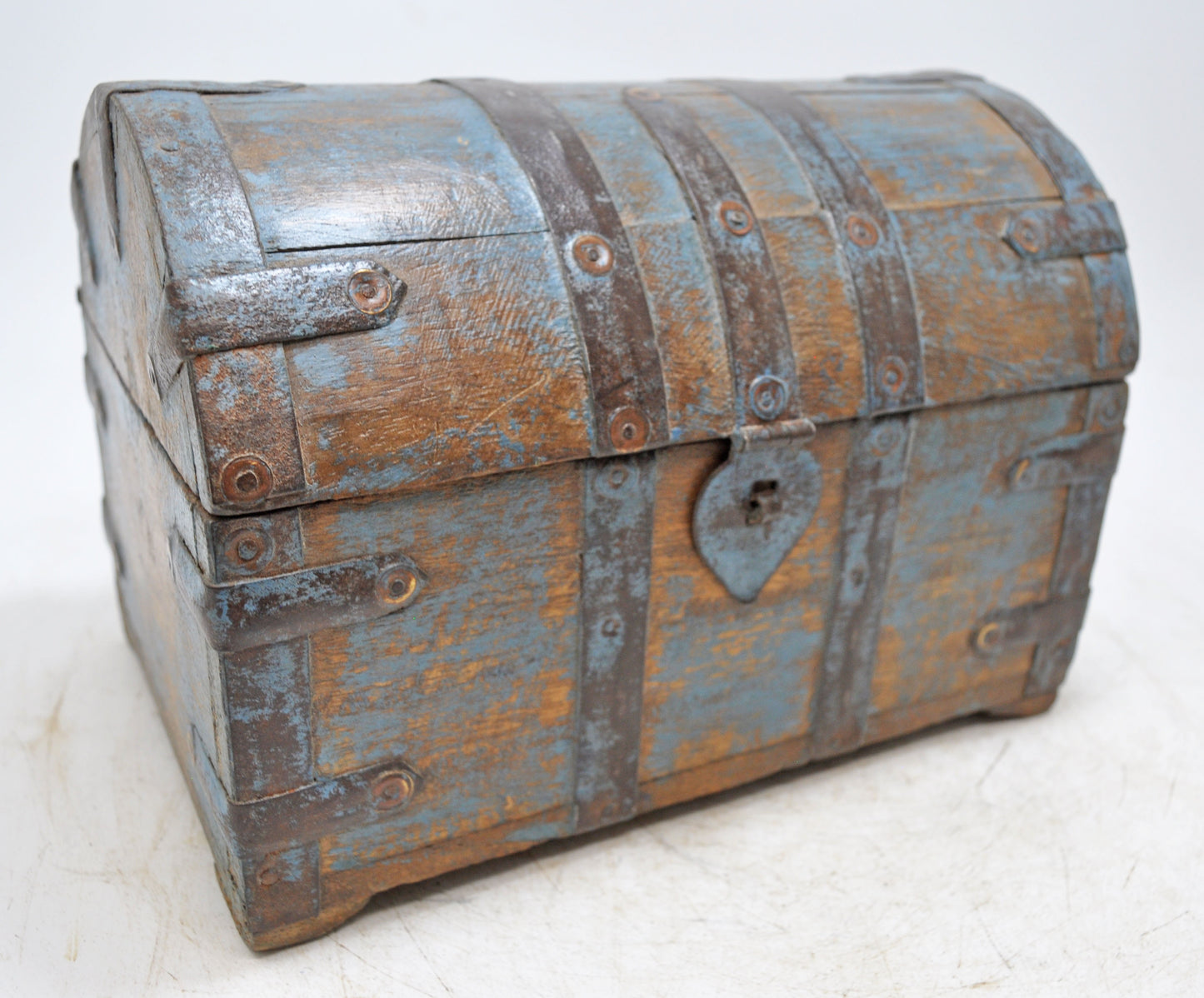 Vintage Wooden Half Round Top Storage Box Original Old Metal Fitted Polychrome