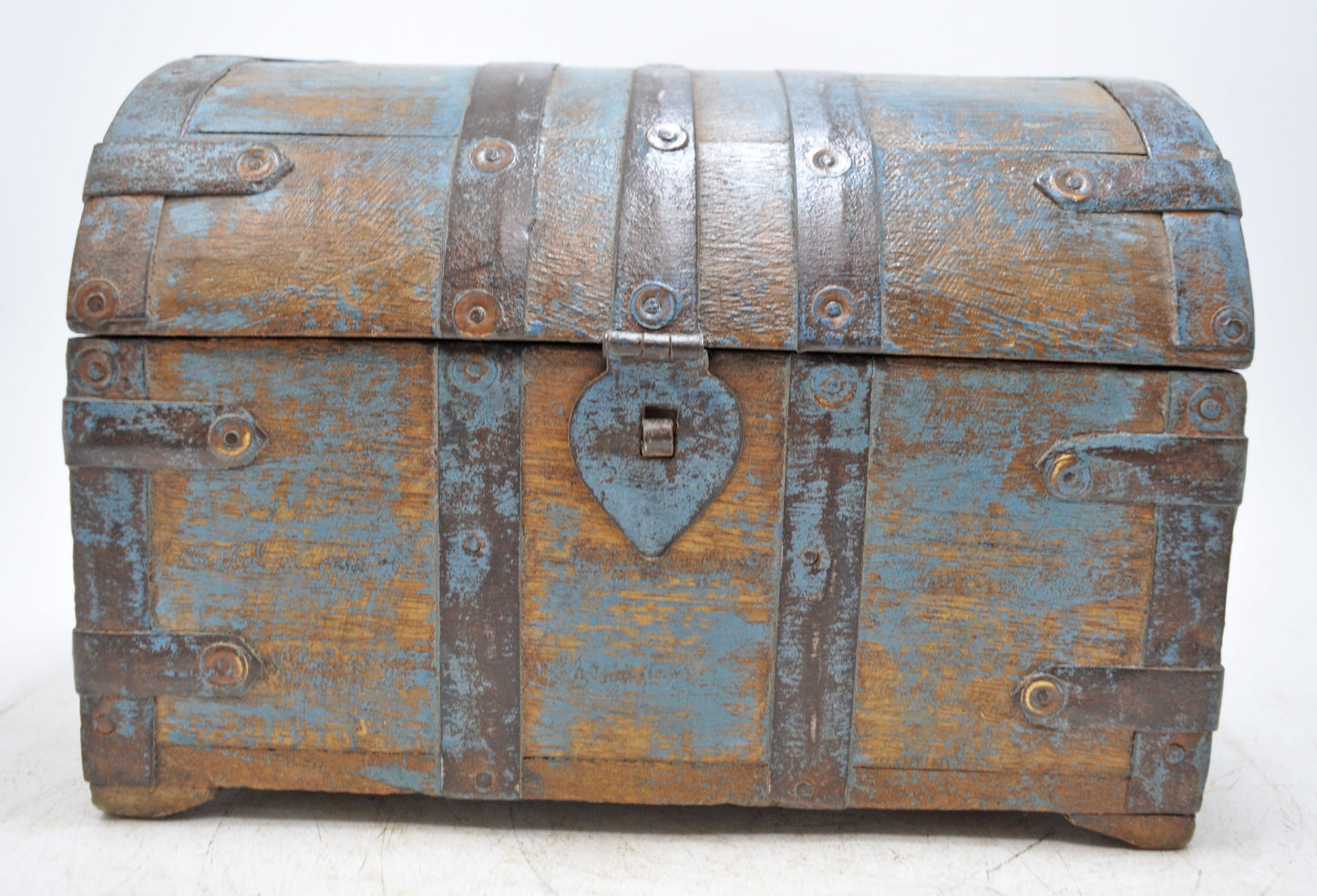 Vintage Wooden Half Round Top Storage Box Original Old Metal Fitted Polychrome