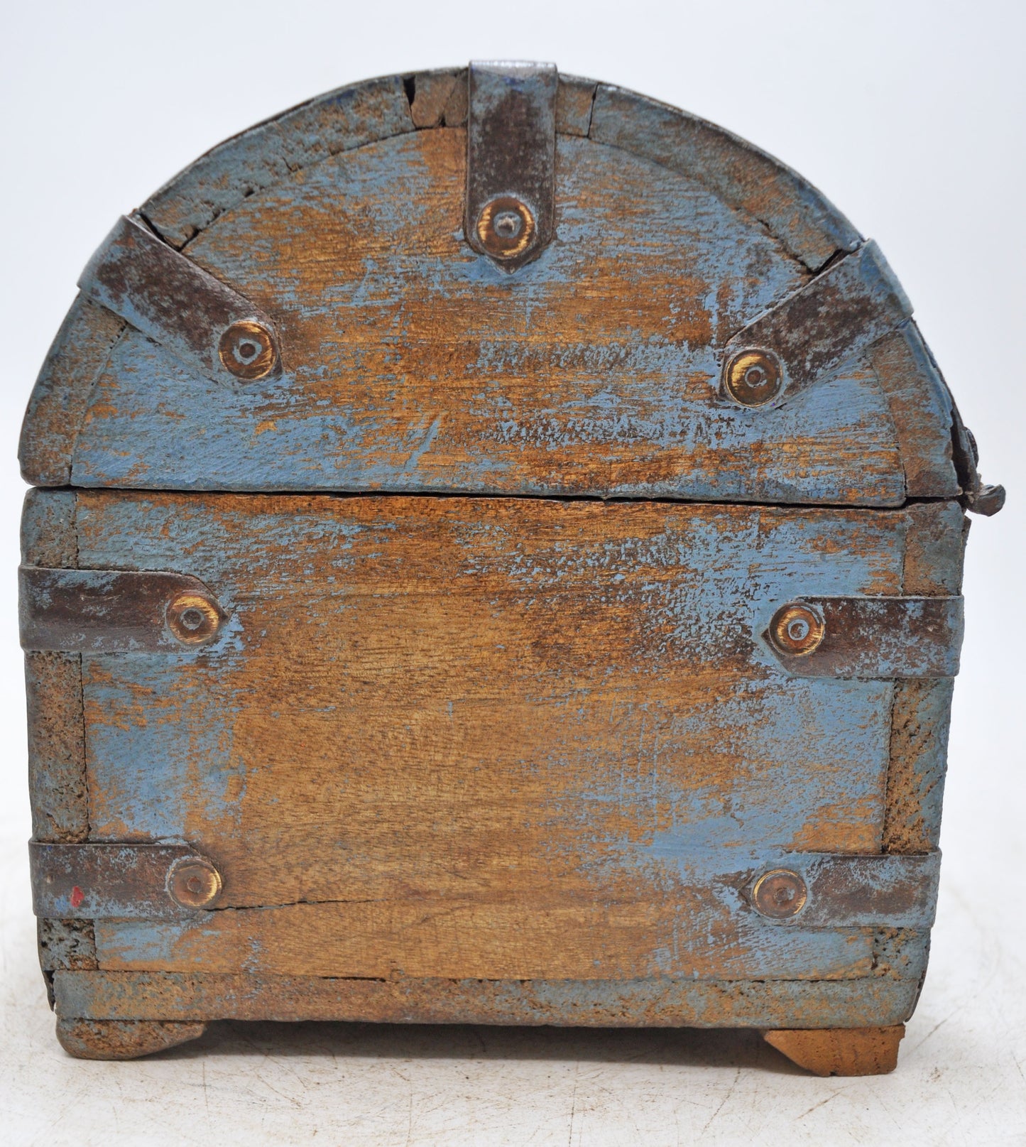 Vintage Wooden Half Round Top Storage Box Original Old Metal Fitted Polychrome