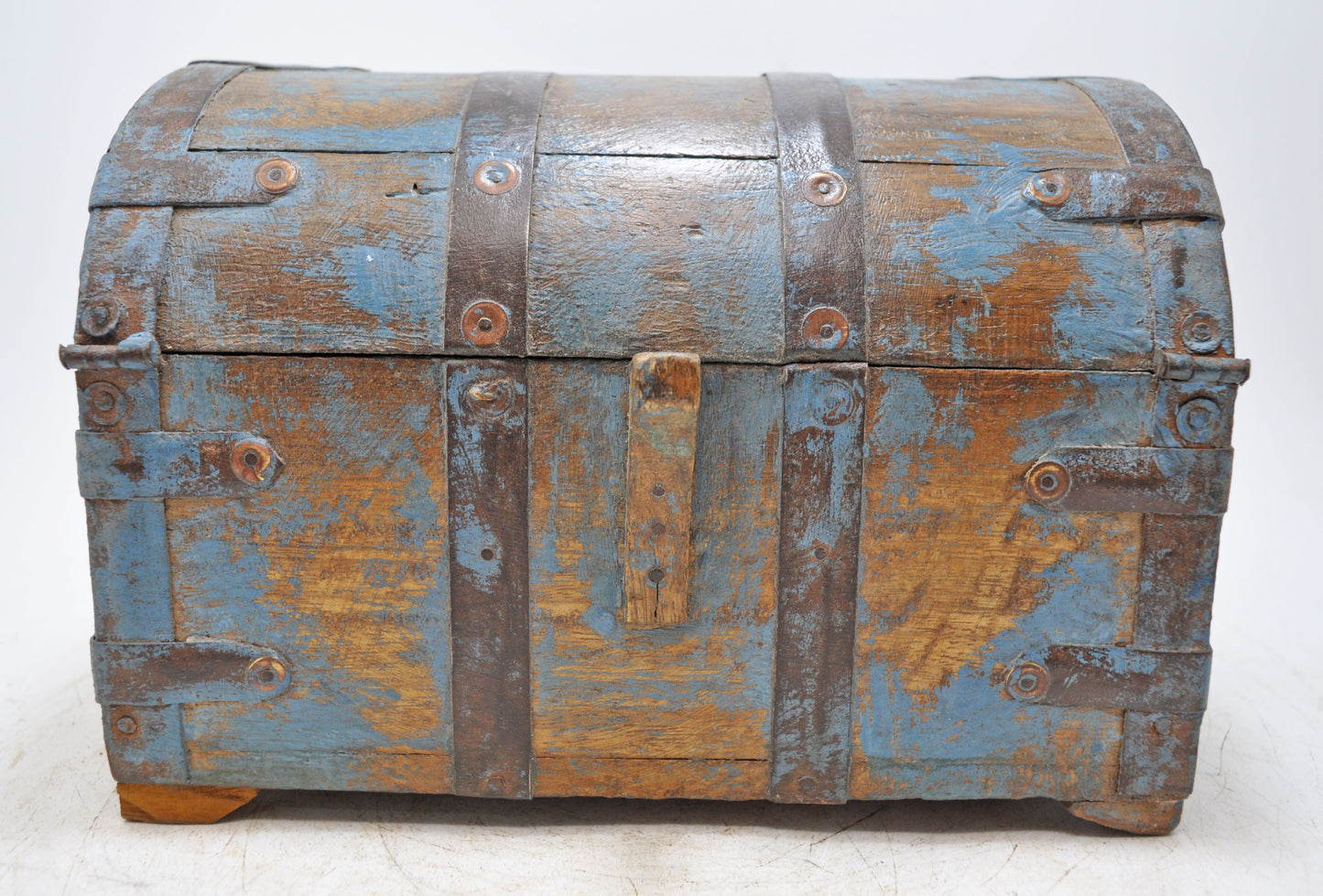 Vintage Wooden Half Round Top Storage Box Original Old Metal Fitted Polychrome