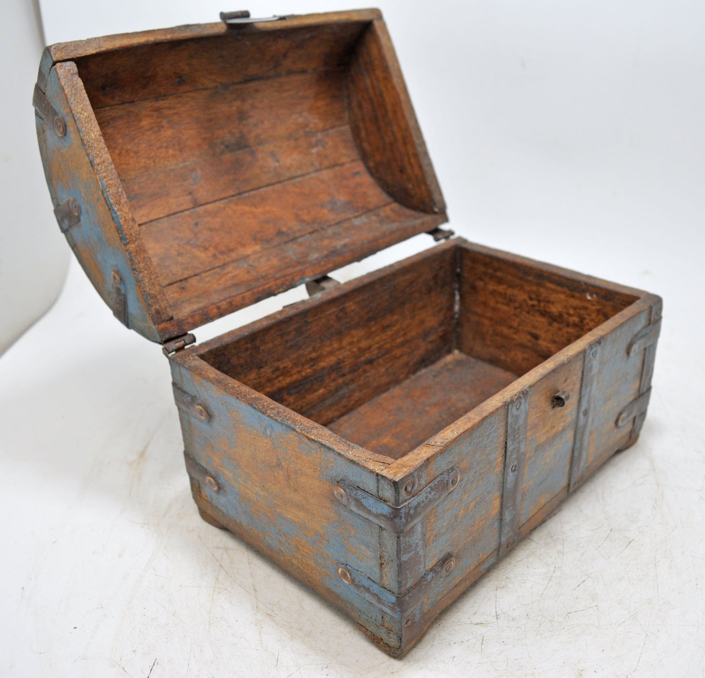 Vintage Wooden Half Round Top Storage Box Original Old Metal Fitted Polychrome