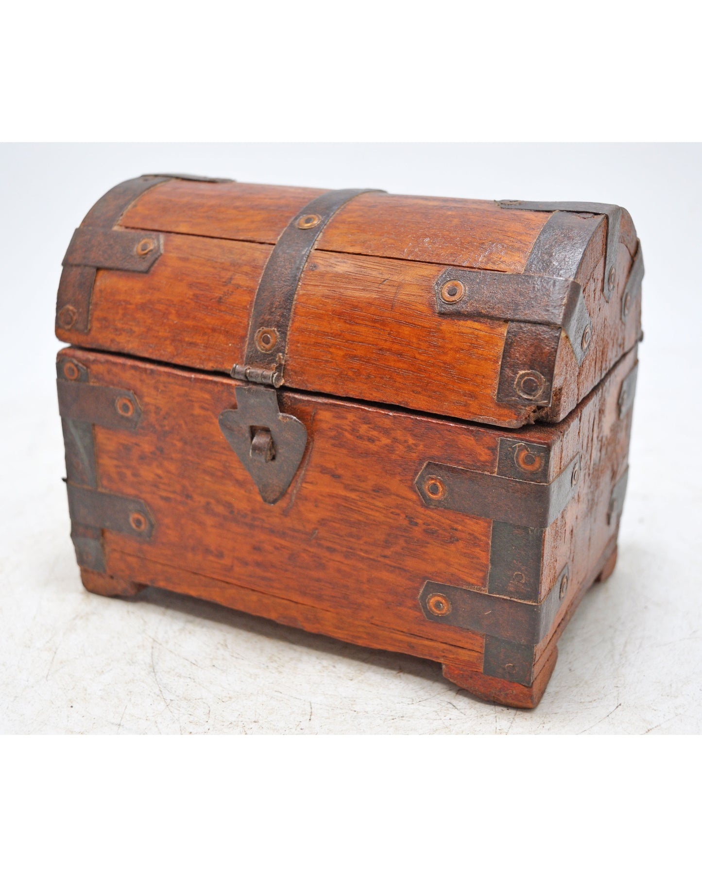 Vintage Wooden Half Round Top Storage Box Original Old Hand Crafted Metal Fitted