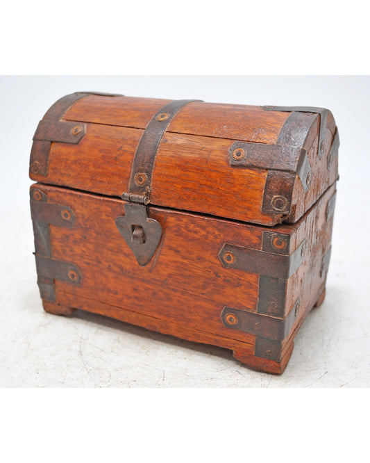 Vintage Wooden Half Round Top Storage Box Original Old Hand Crafted Metal Fitted