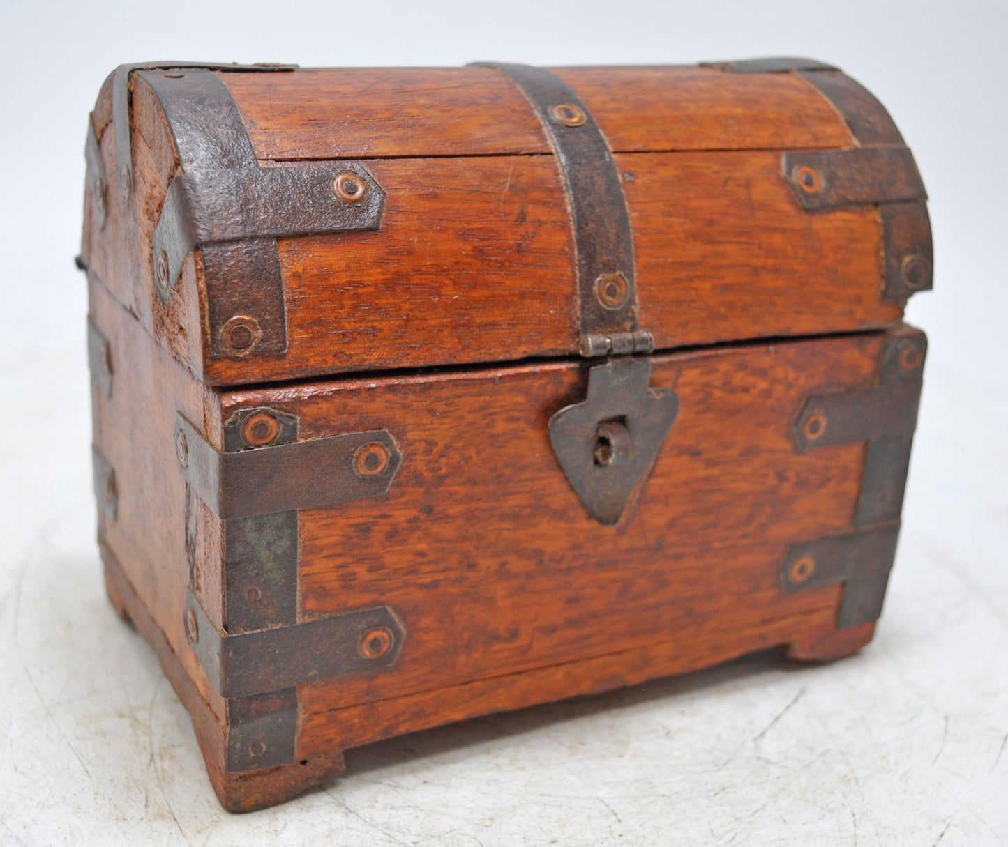 Vintage Wooden Half Round Top Storage Box Original Old Hand Crafted Metal Fitted