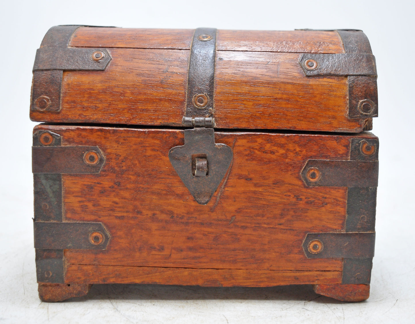 Vintage Wooden Half Round Top Storage Box Original Old Hand Crafted Metal Fitted
