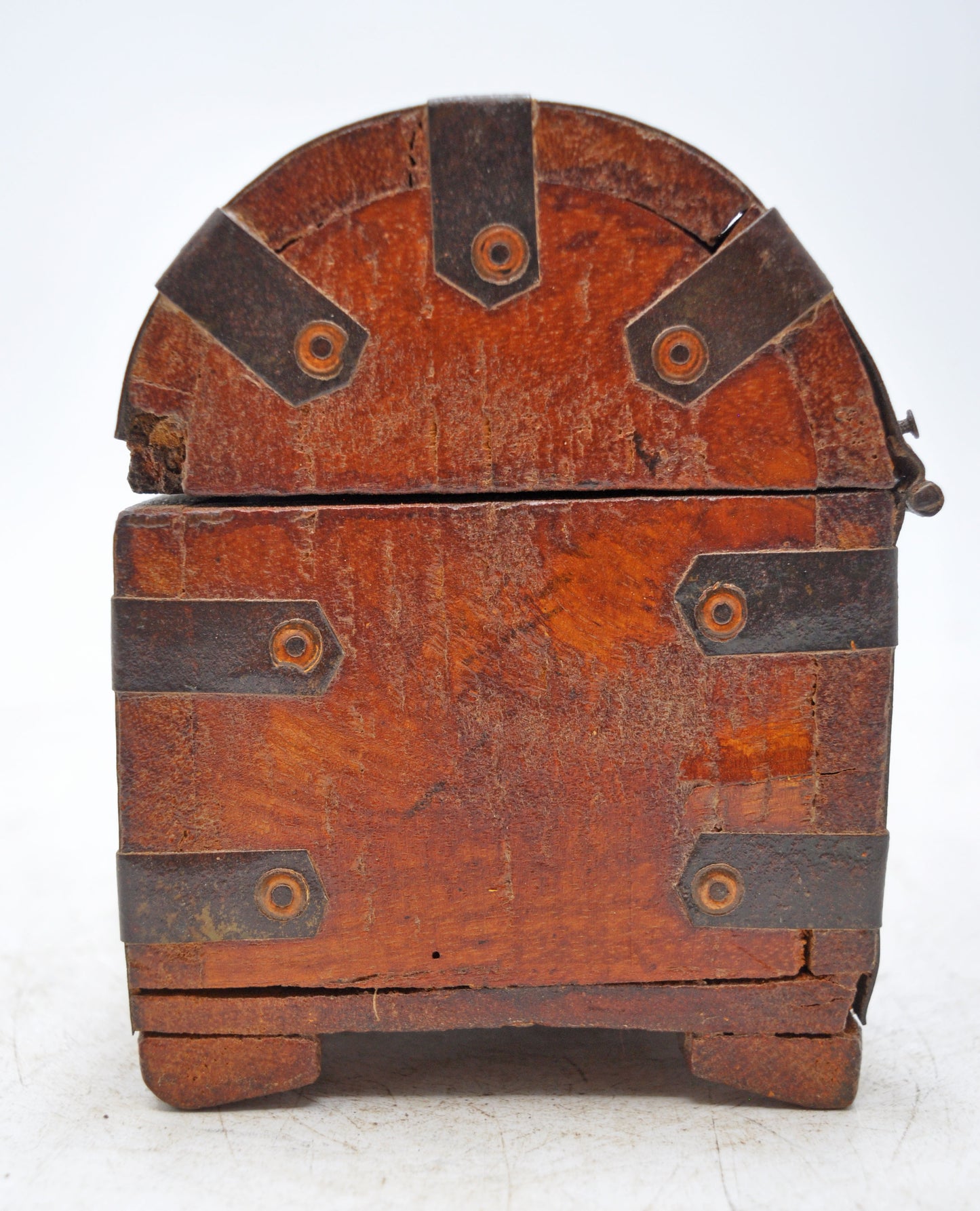 Vintage Wooden Half Round Top Storage Box Original Old Hand Crafted Metal Fitted
