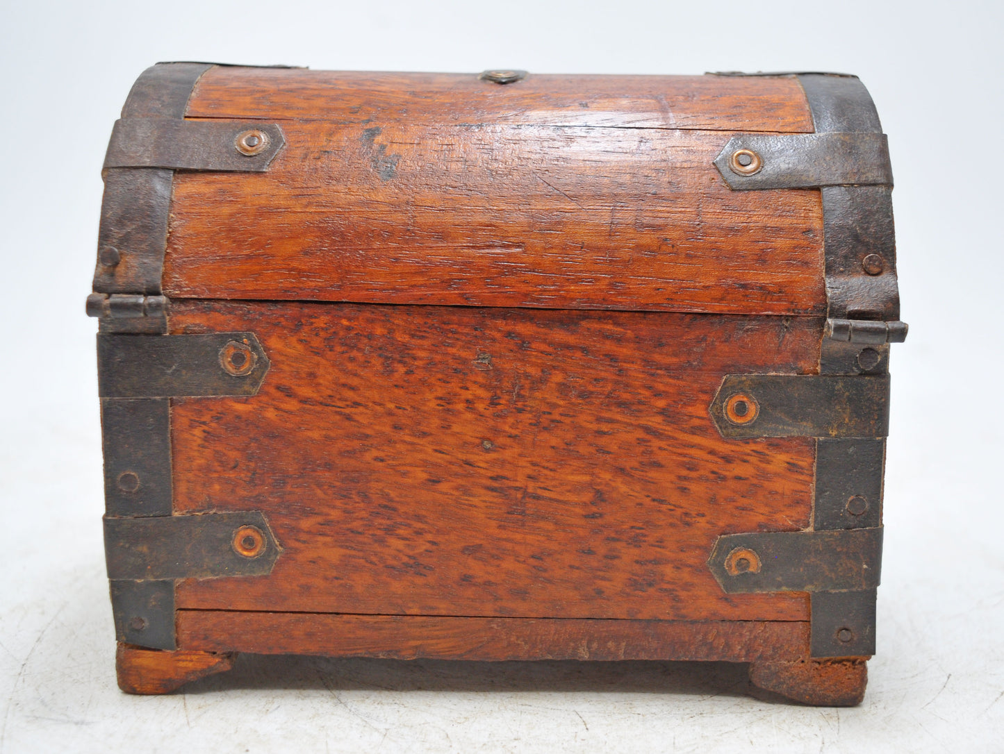 Vintage Wooden Half Round Top Storage Box Original Old Hand Crafted Metal Fitted