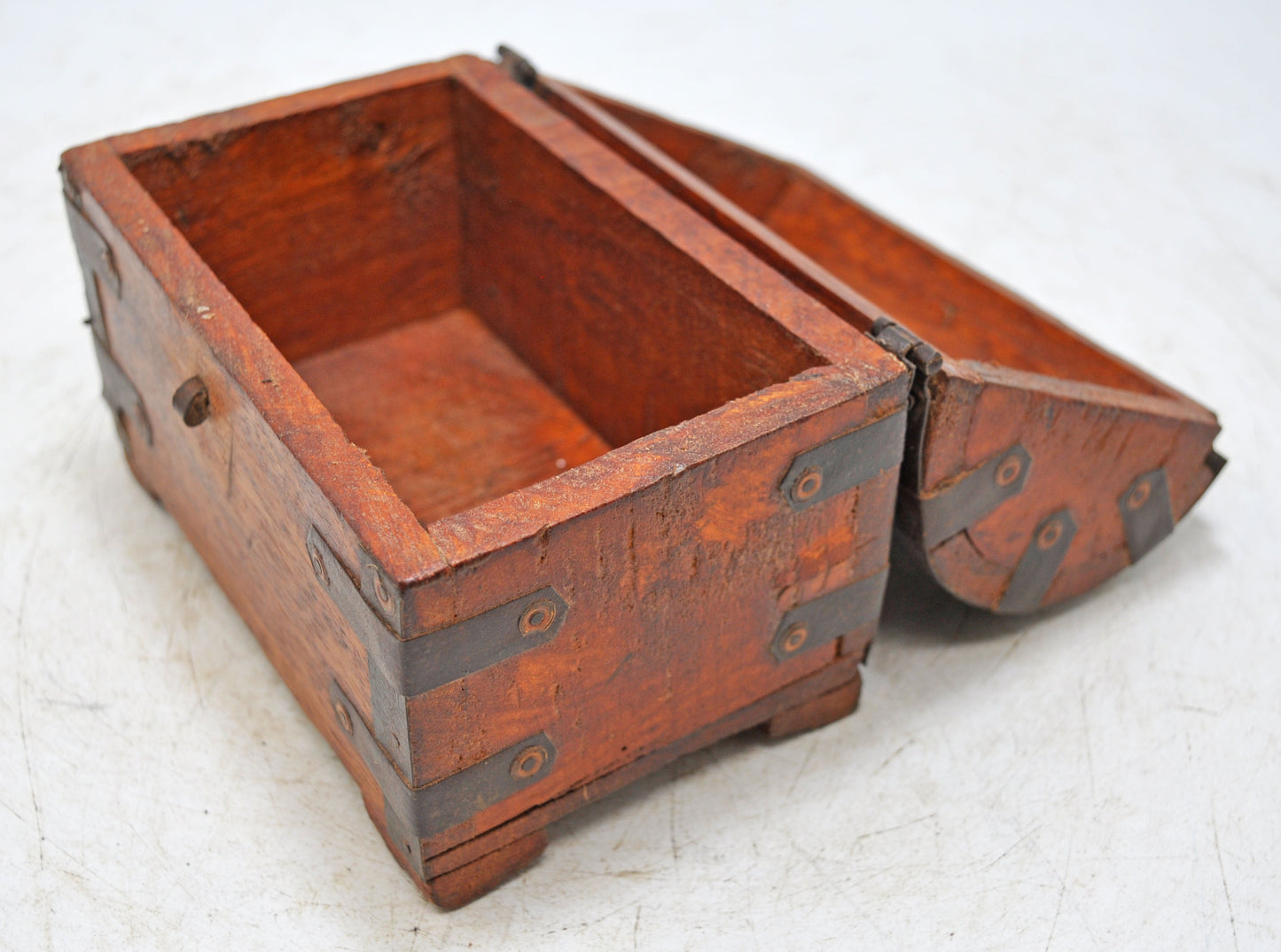 Vintage Wooden Half Round Top Storage Box Original Old Hand Crafted Metal Fitted