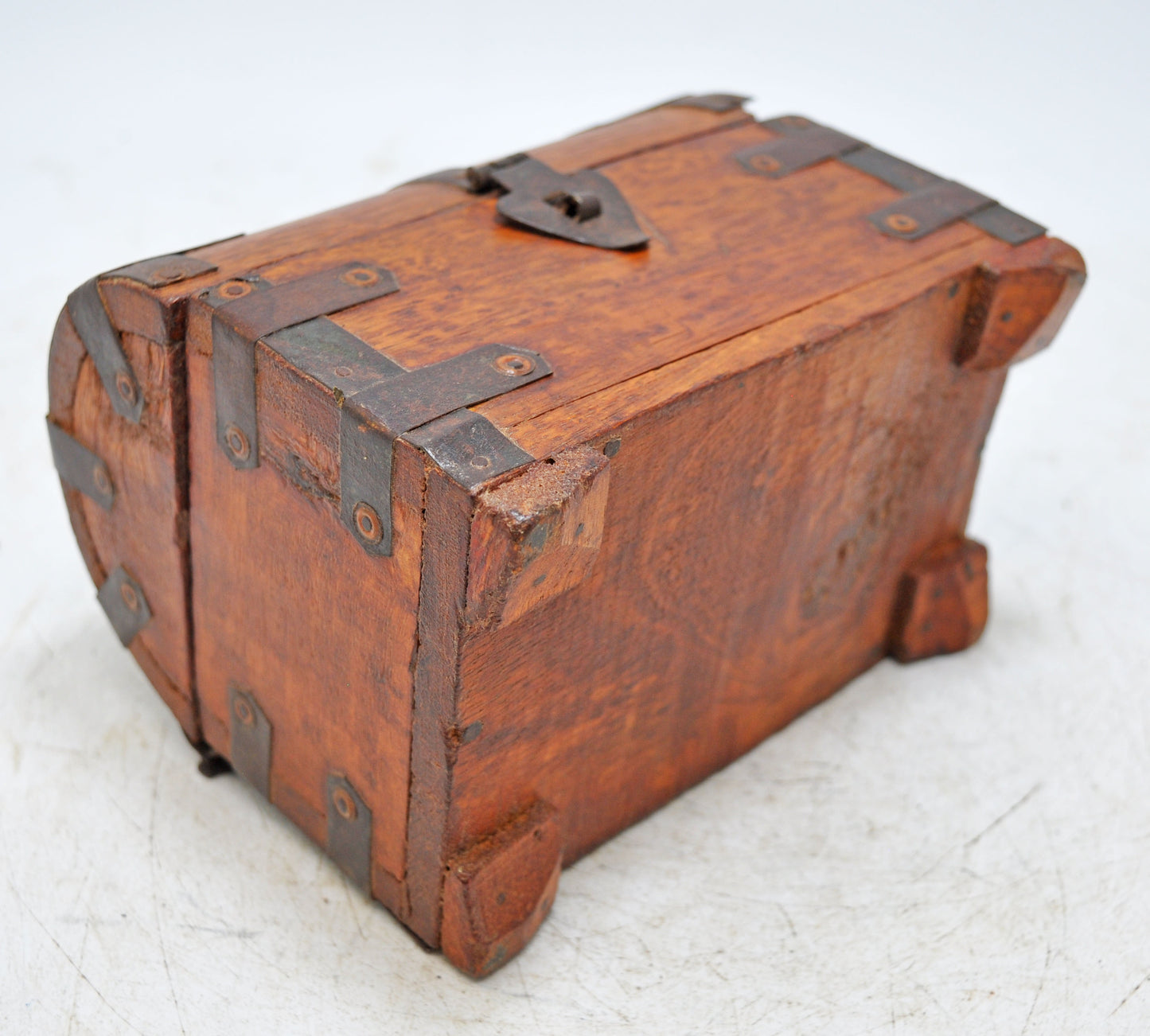 Vintage Wooden Half Round Top Storage Box Original Old Hand Crafted Metal Fitted