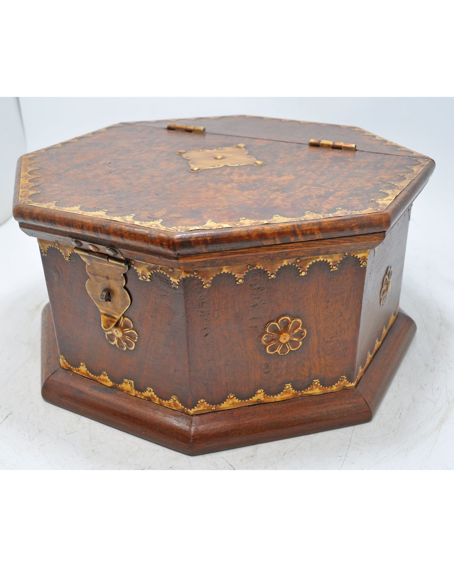 Vintage Wooden Octagonal Storage Chest Box Original Old Hand Crafted Brass Fitted