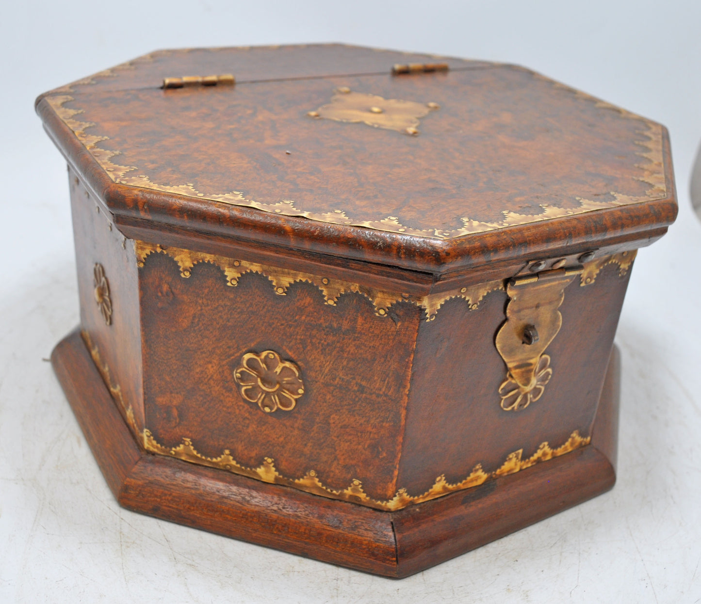 Vintage Wooden Octagonal Storage Chest Box Original Old Hand Crafted Brass Fitted