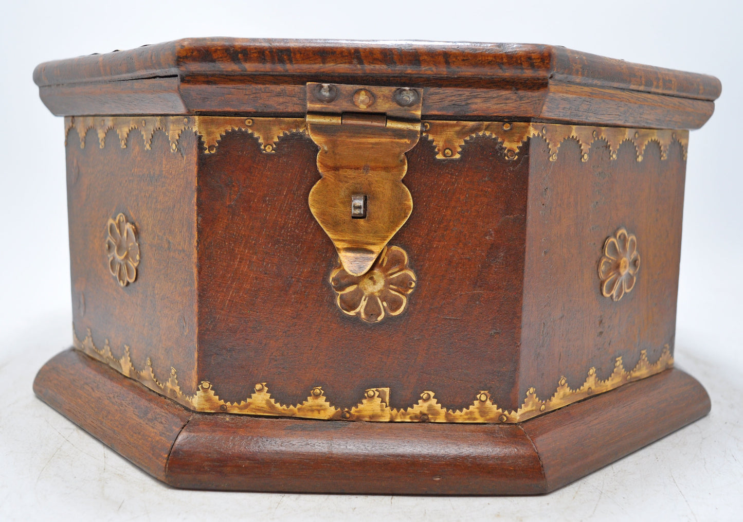 Vintage Wooden Octagonal Storage Chest Box Original Old Hand Crafted Brass Fitted