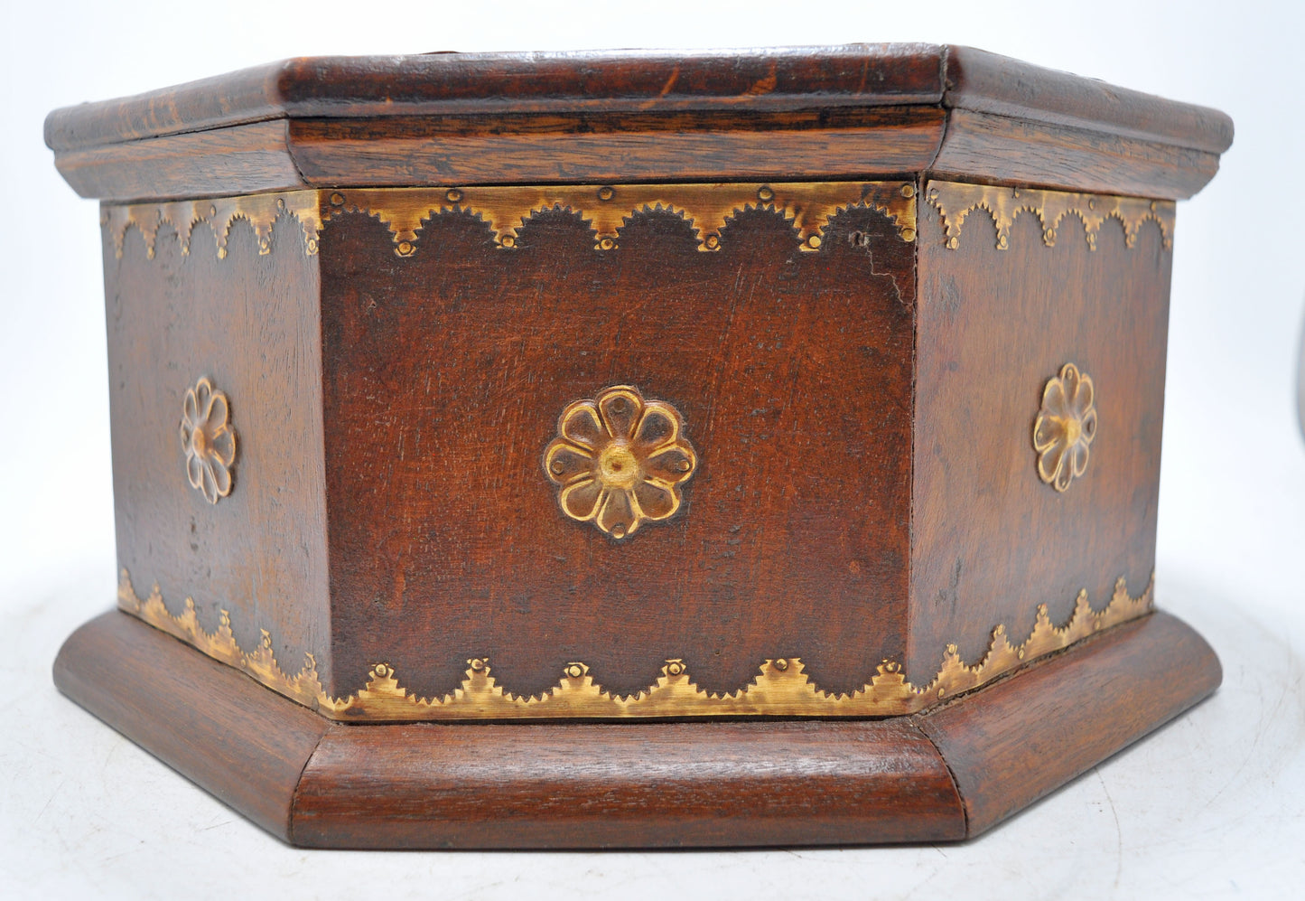 Vintage Wooden Octagonal Storage Chest Box Original Old Hand Crafted Brass Fitted