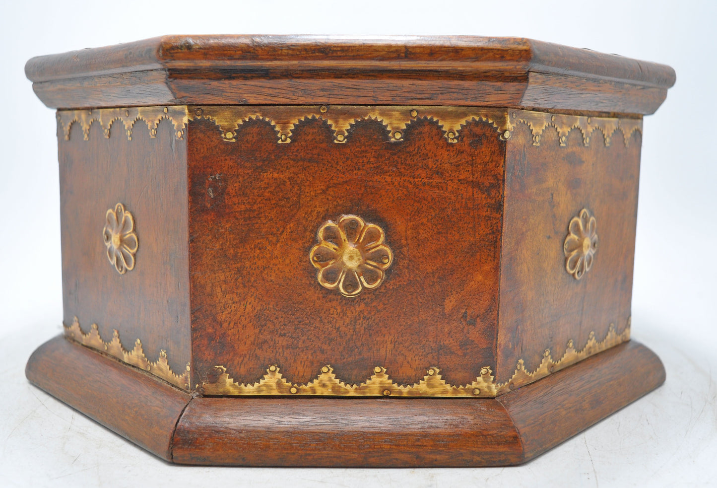 Vintage Wooden Octagonal Storage Chest Box Original Old Hand Crafted Brass Fitted