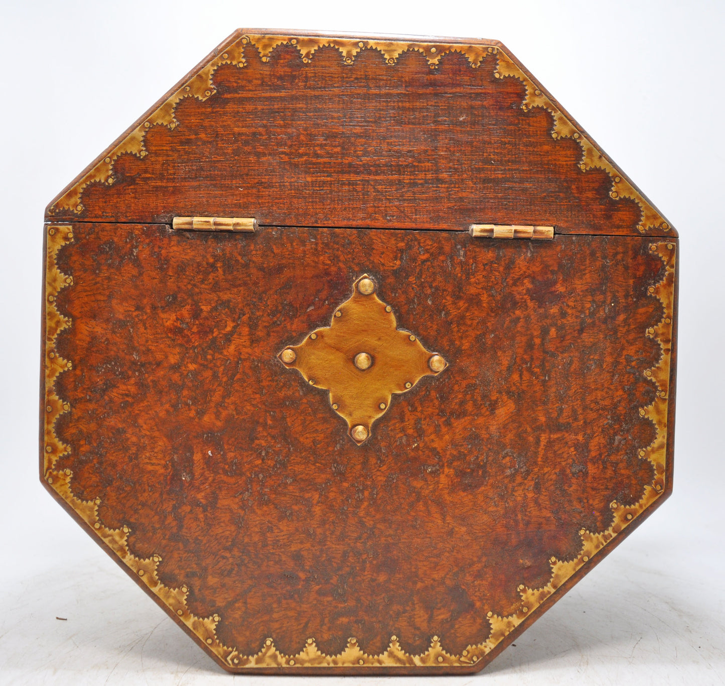 Vintage Wooden Octagonal Storage Chest Box Original Old Hand Crafted Brass Fitted