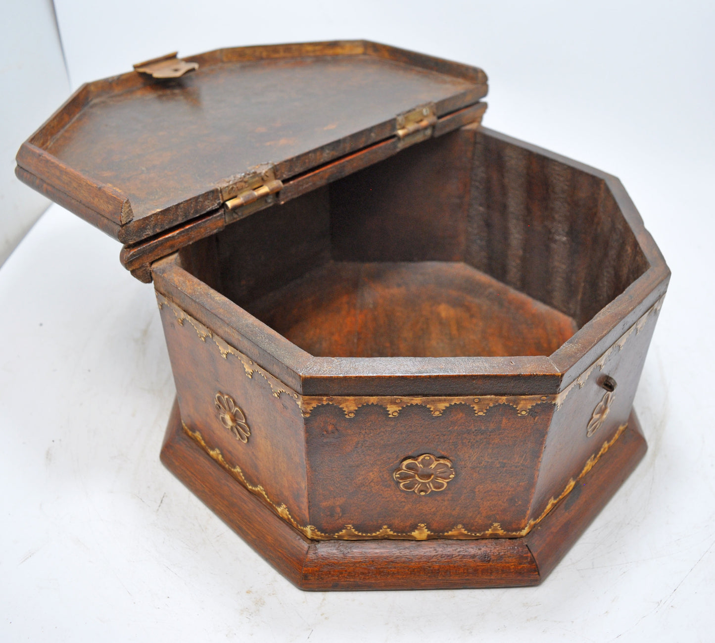 Vintage Wooden Octagonal Storage Chest Box Original Old Hand Crafted Brass Fitted