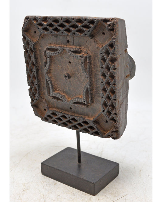 Antique Wooden Textile Printing Block on Stand Original Old Hand Carved
