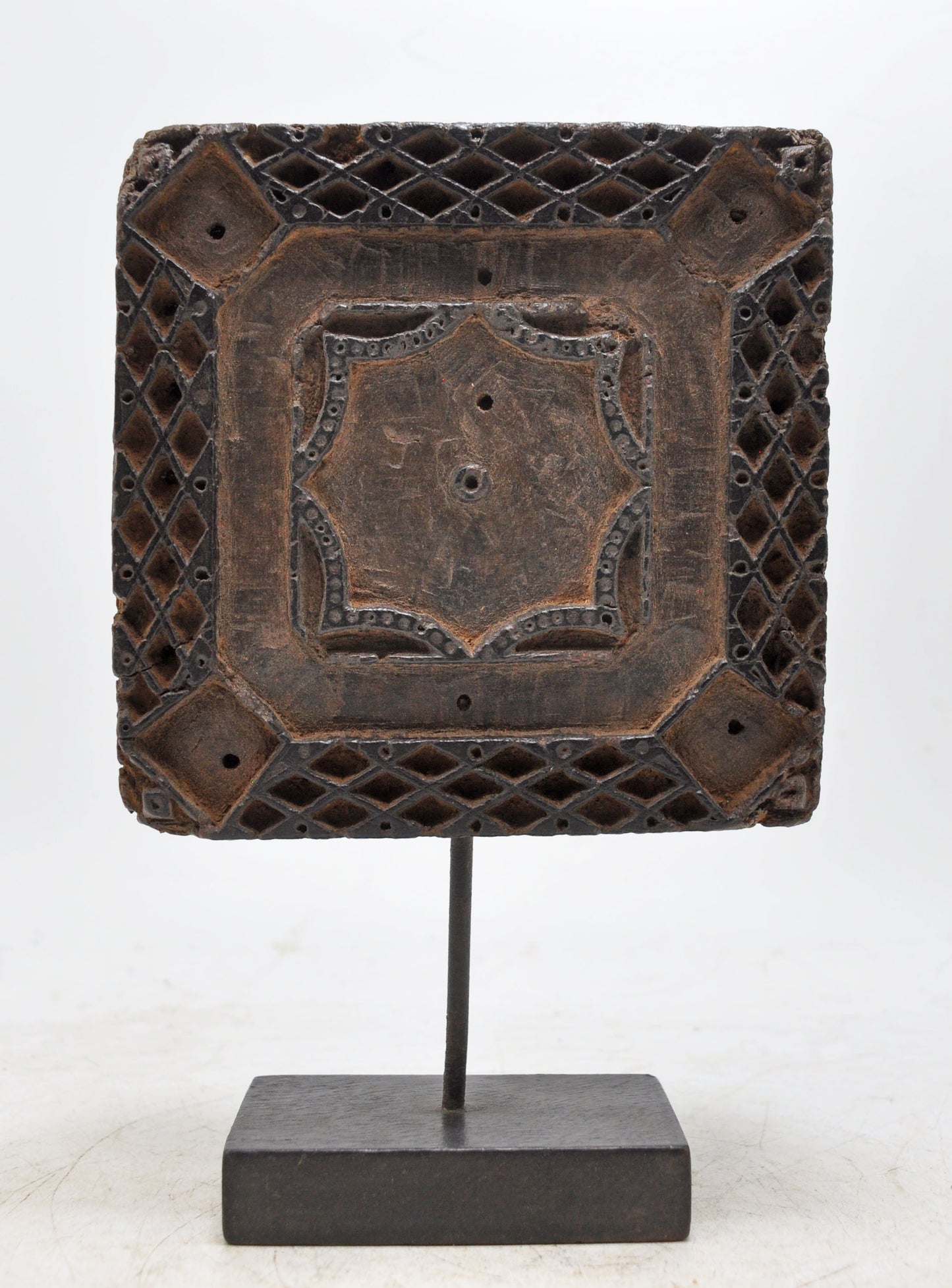 Antique Wooden Textile Printing Block on Stand Original Old Hand Carved