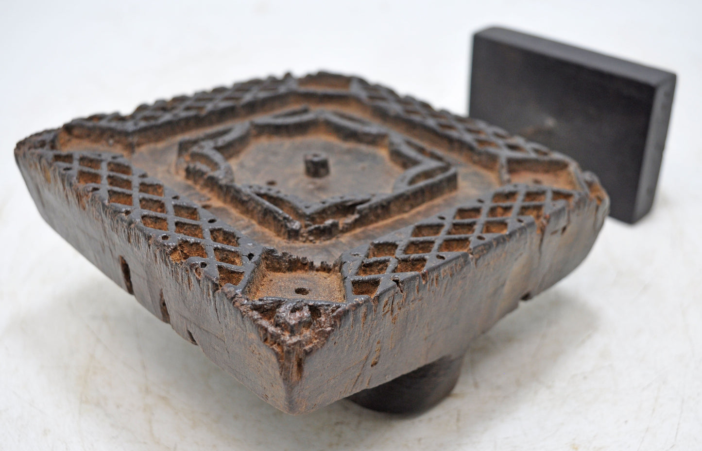 Antique Wooden Textile Printing Block on Stand Original Old Hand Carved