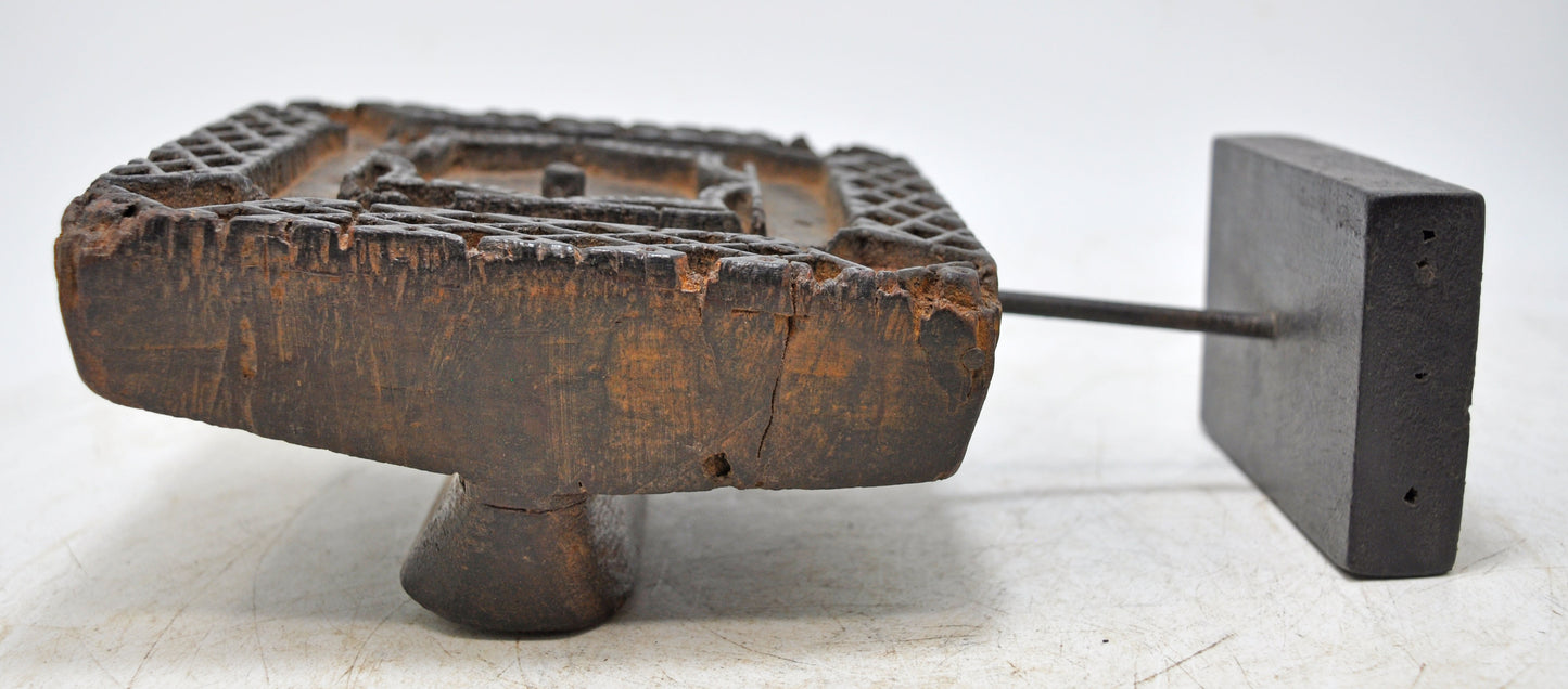 Antique Wooden Textile Printing Block on Stand Original Old Hand Carved