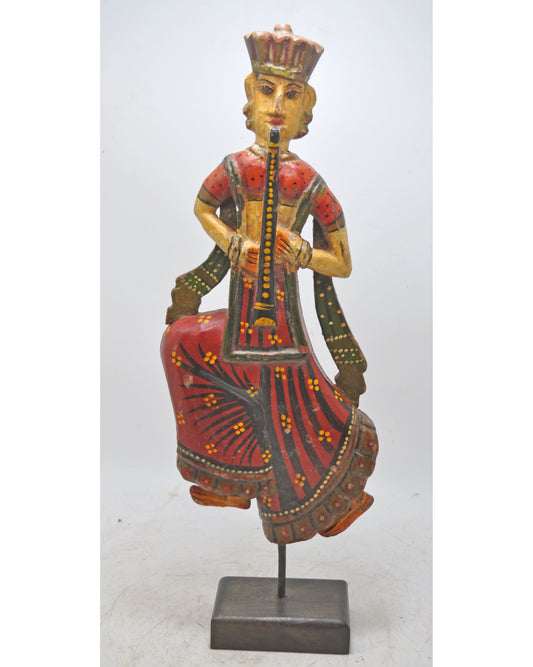 Vintage Wooden Woman Lady Musician Figurine Original Old Hand Carved Painted
