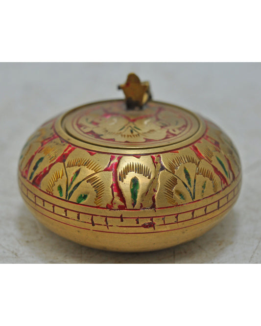 Antique Brass Small Round Ash Tray Box Original Old Engraved Inlay Painted