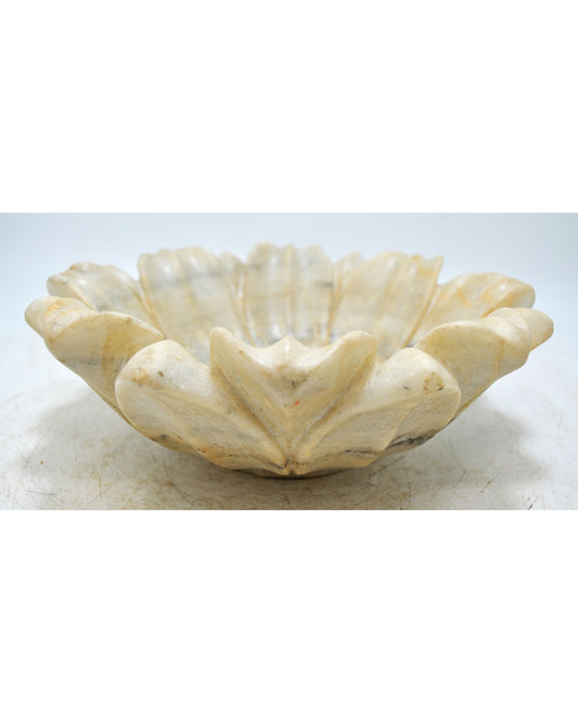 Fine Hand Carved White Marble Lotus Shaped Floral Bowl