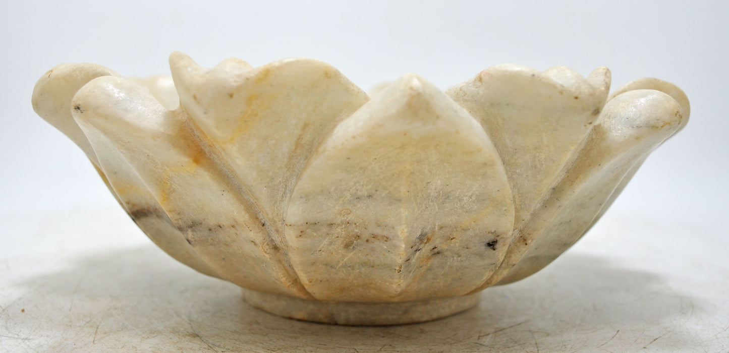 Fine Hand Carved White Marble Lotus Shaped Floral Bowl