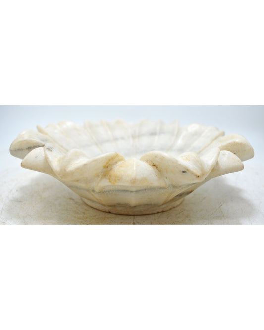 Fine Hand Carved White Marble Lotus Shaped Floral Bowl