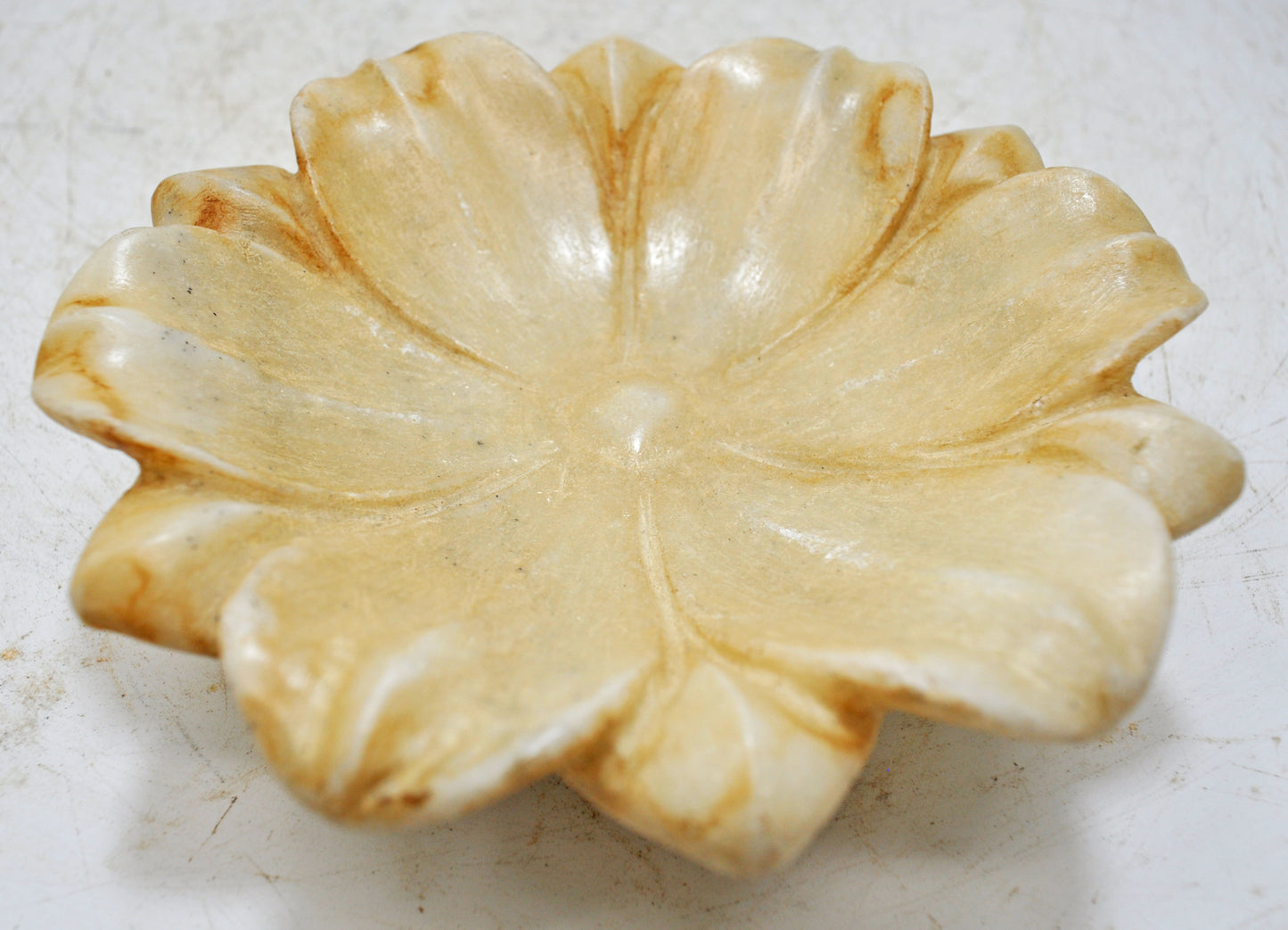 Fine Hand Carved White Marble Lotus Shaped Floral Bowl
