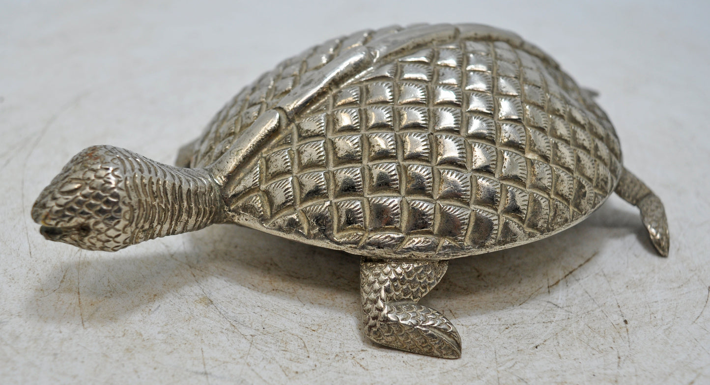 Vintage White Metal Brass Tortoise Turtle Figurine Original Old Fine Hand Crafted Engraved