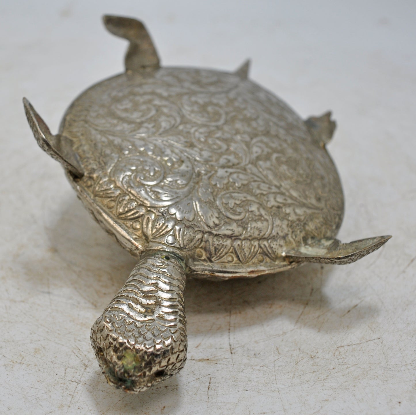 Vintage White Metal Brass Tortoise Turtle Figurine Original Old Fine Hand Crafted Engraved
