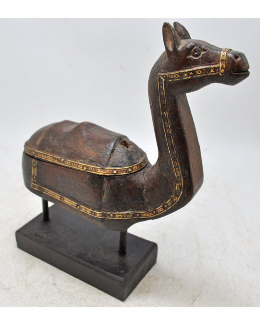 Vintage Wooden Camel Figurine Original Old Hand Carved Brass Fitted