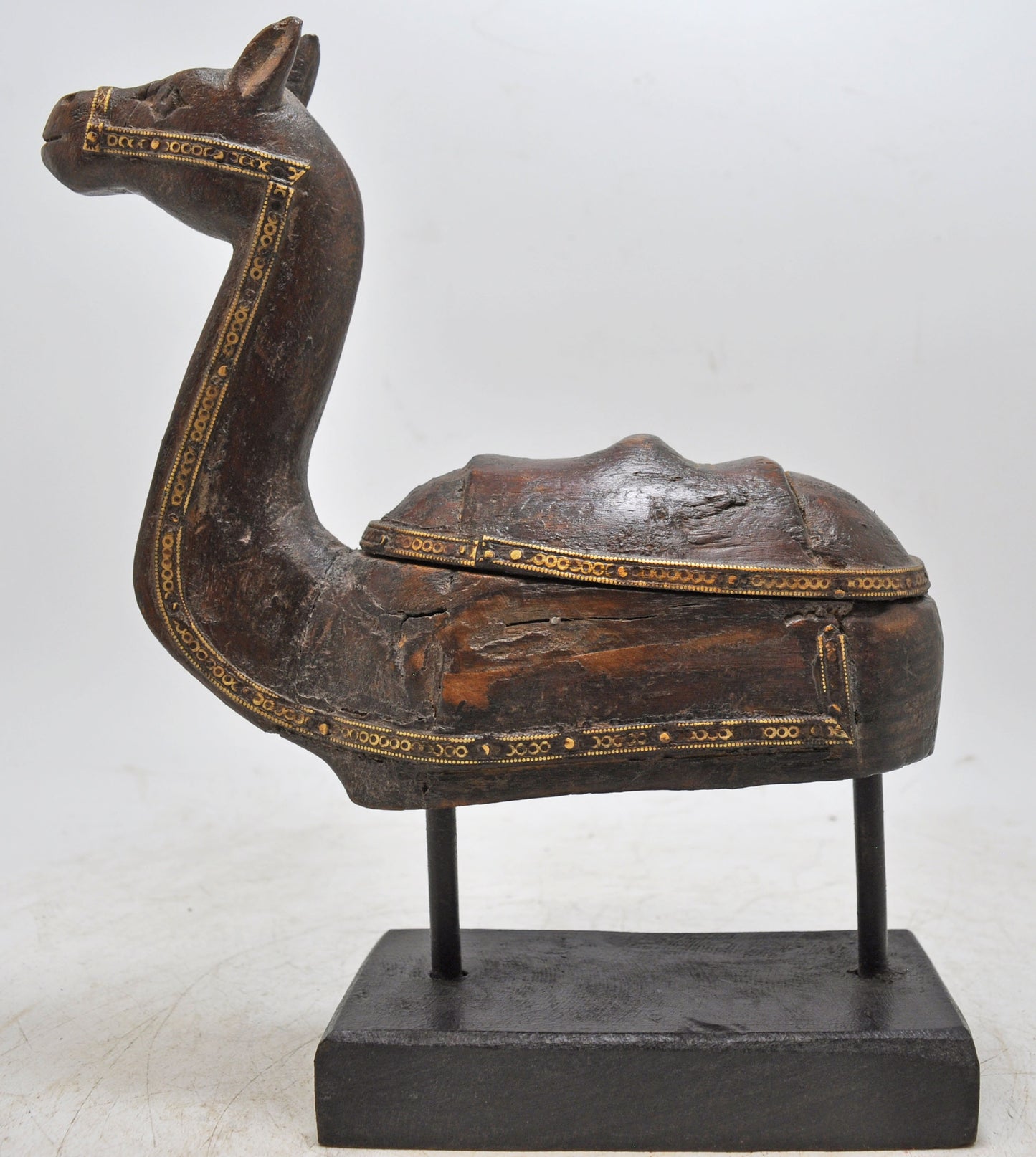 Vintage Wooden Camel Figurine Original Old Hand Carved Brass Fitted