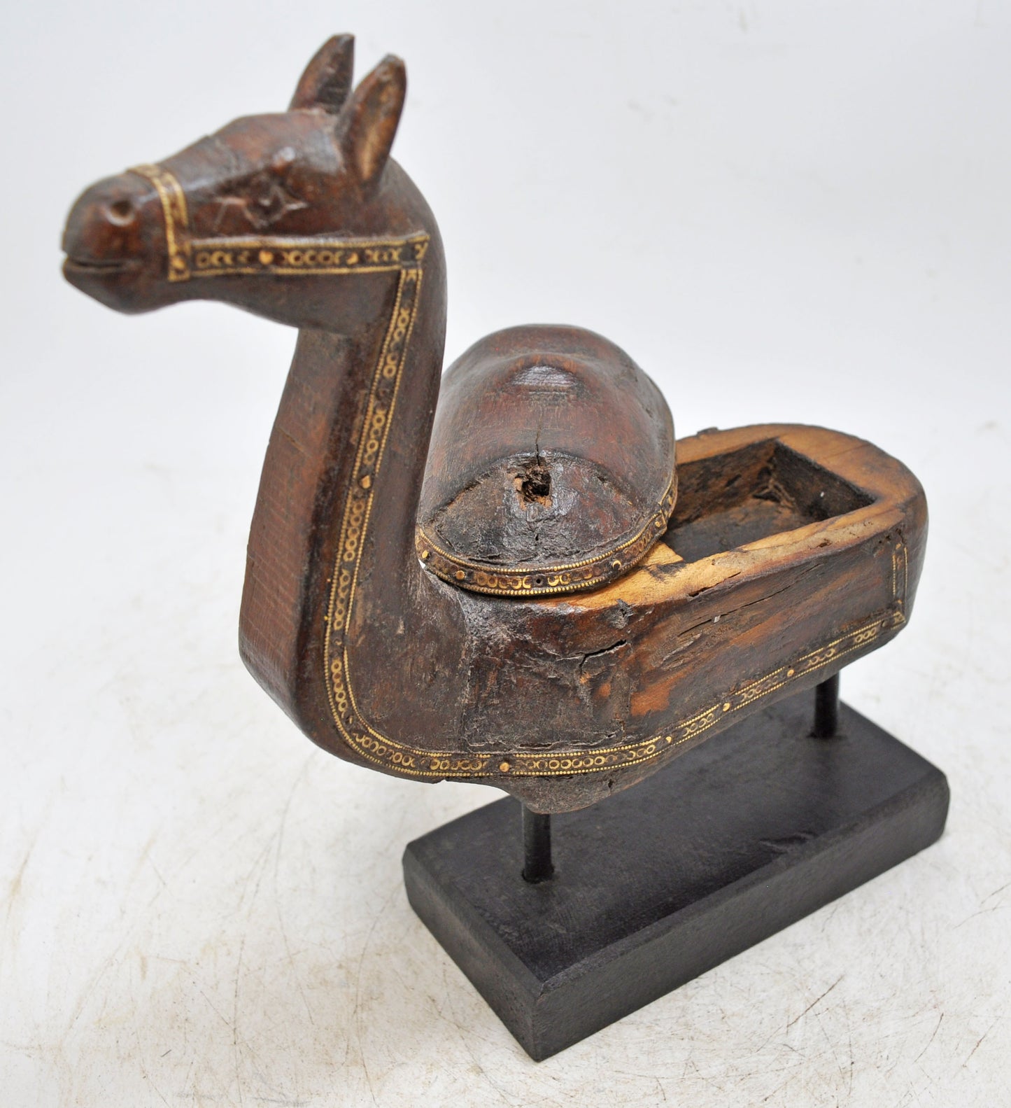 Vintage Wooden Camel Figurine Original Old Hand Carved Brass Fitted