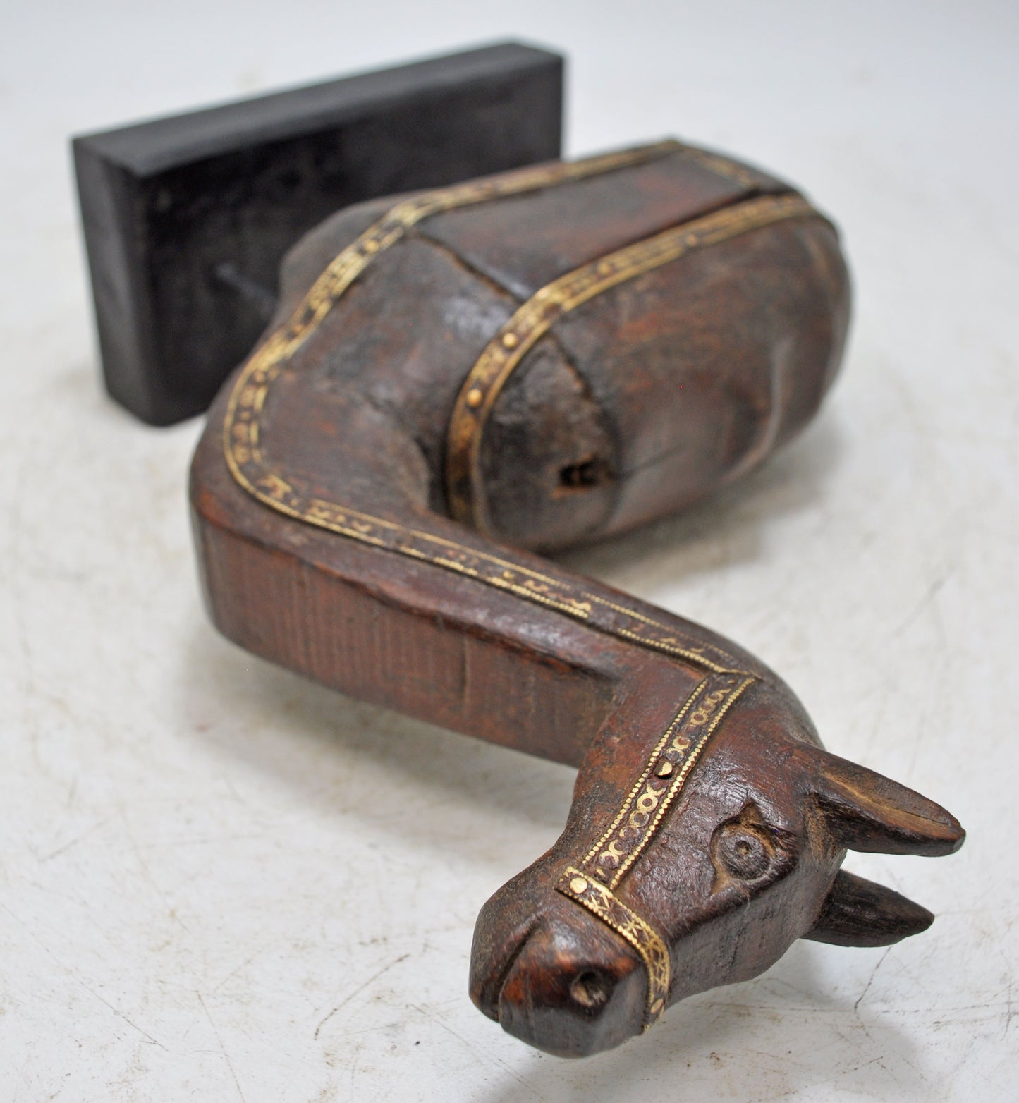 Vintage Wooden Camel Figurine Original Old Hand Carved Brass Fitted