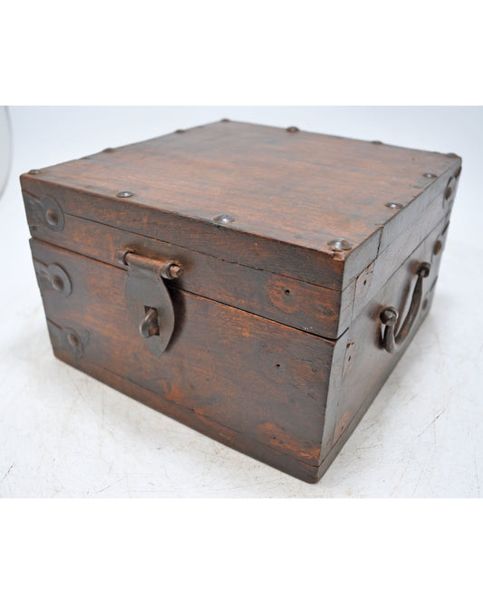 Vintage Wooden Square Storage Chest Box Original Old Hand Crafted Metal Fitted