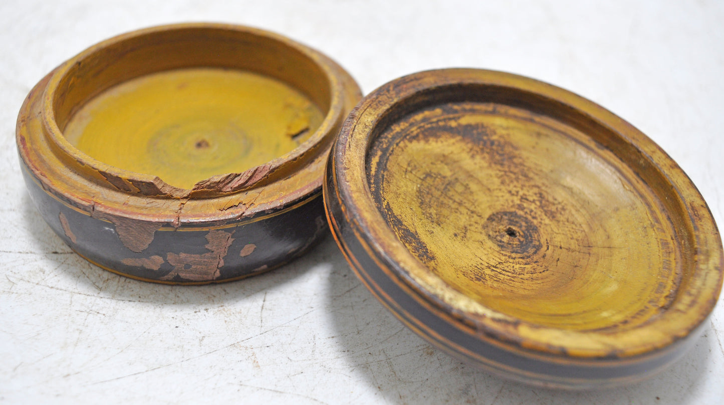 Antique Wooden Kum Kum Powder Tika Box Original Old Lacquer Painted