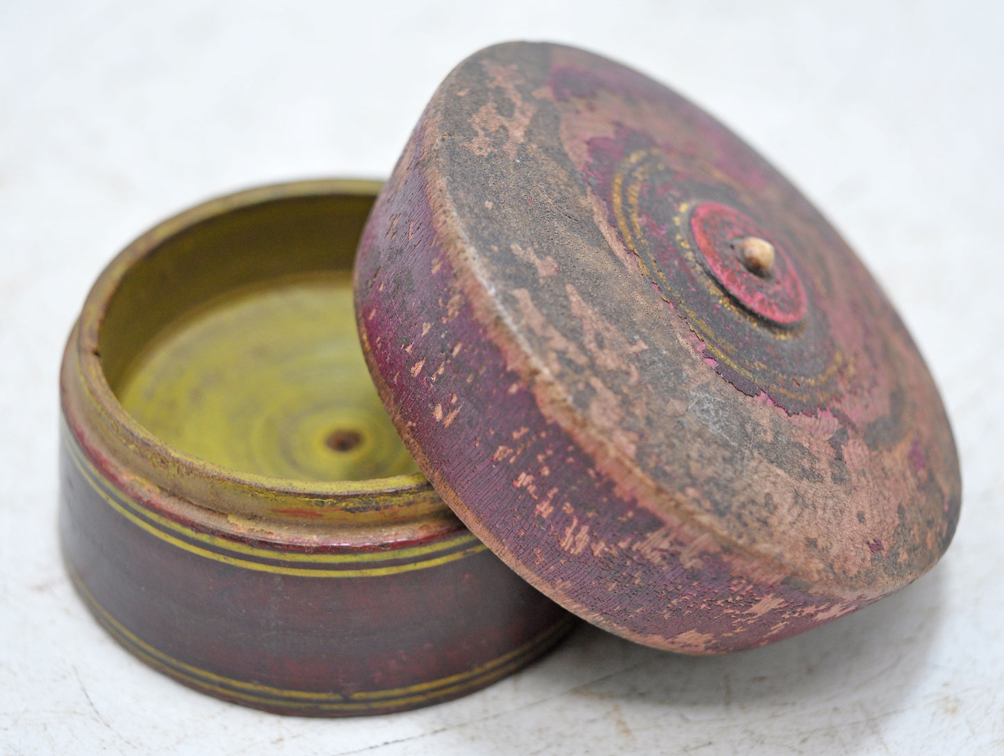 Antique Wooden Kum Kum Powder Tika Box Original Old Lacquer Painted