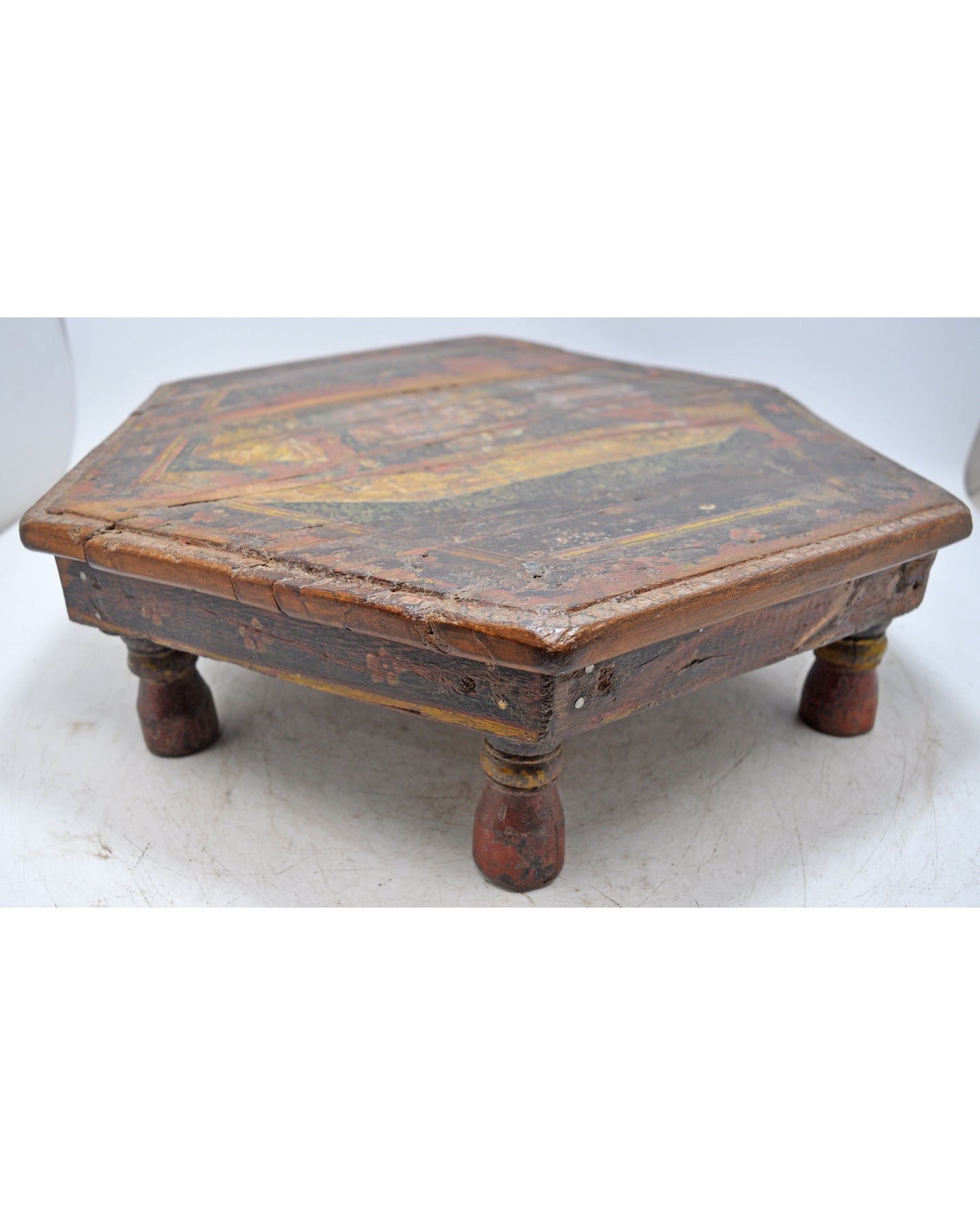 Antique Wooden Hexagonal Floor Sitting Bajot Stool Original Old Hand Crafted