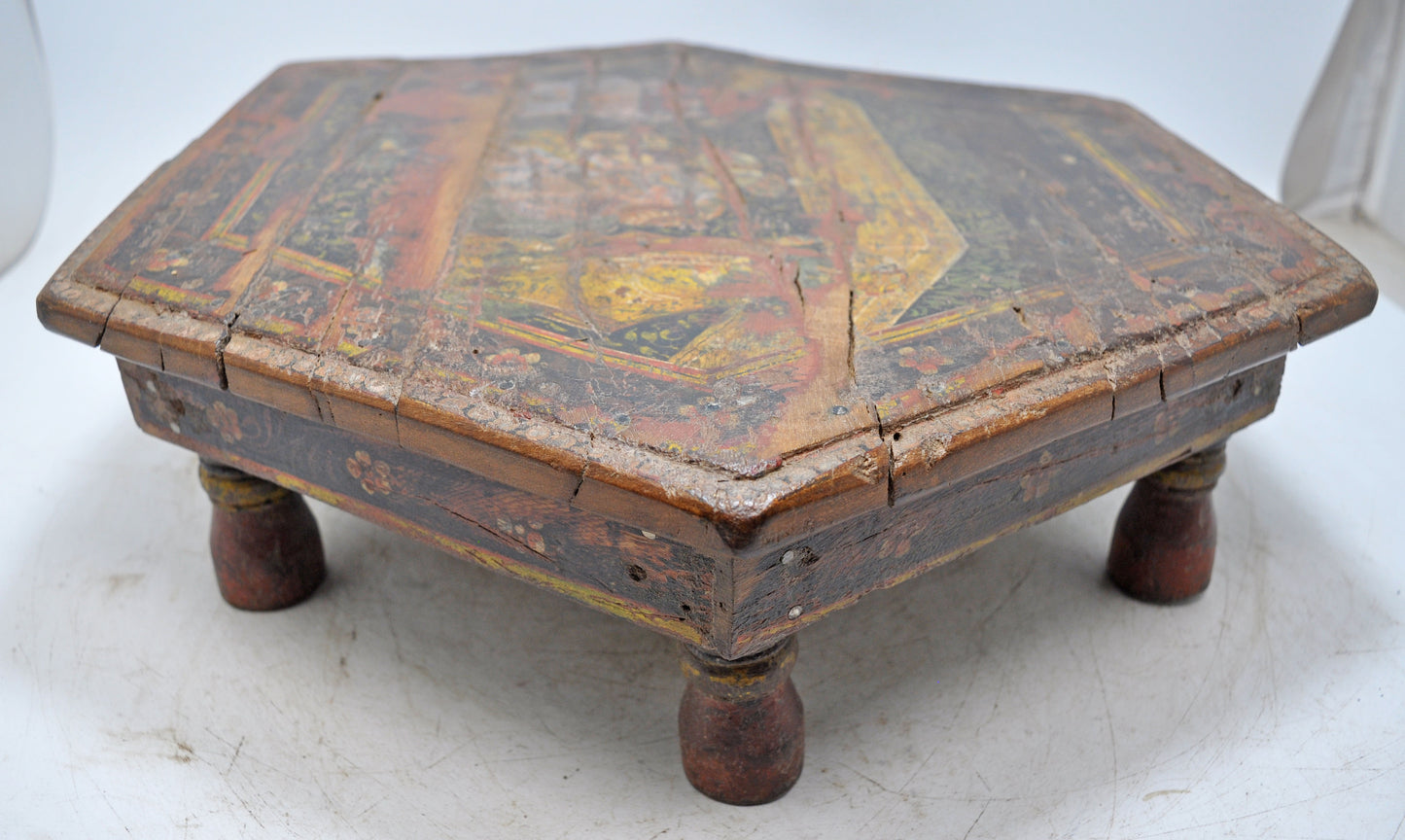 Antique Wooden Hexagonal Floor Sitting Bajot Stool Original Old Hand Crafted