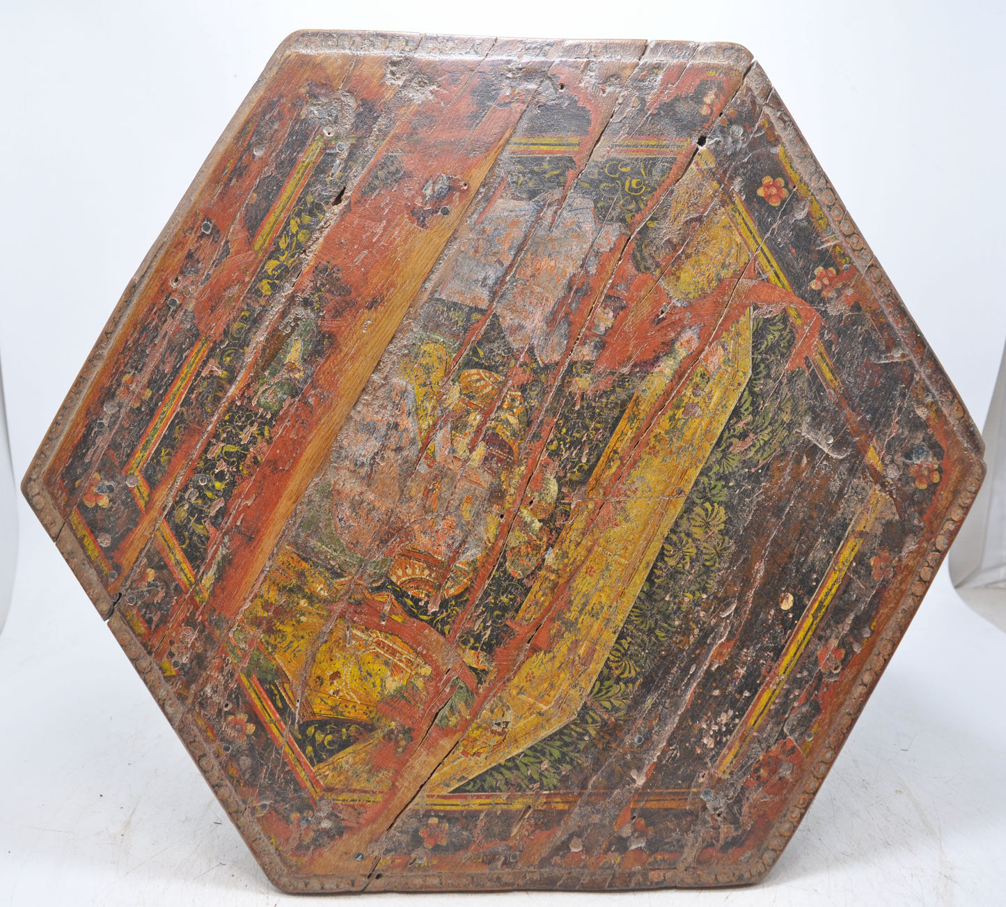 Antique Wooden Hexagonal Floor Sitting Bajot Stool Original Old Hand Crafted