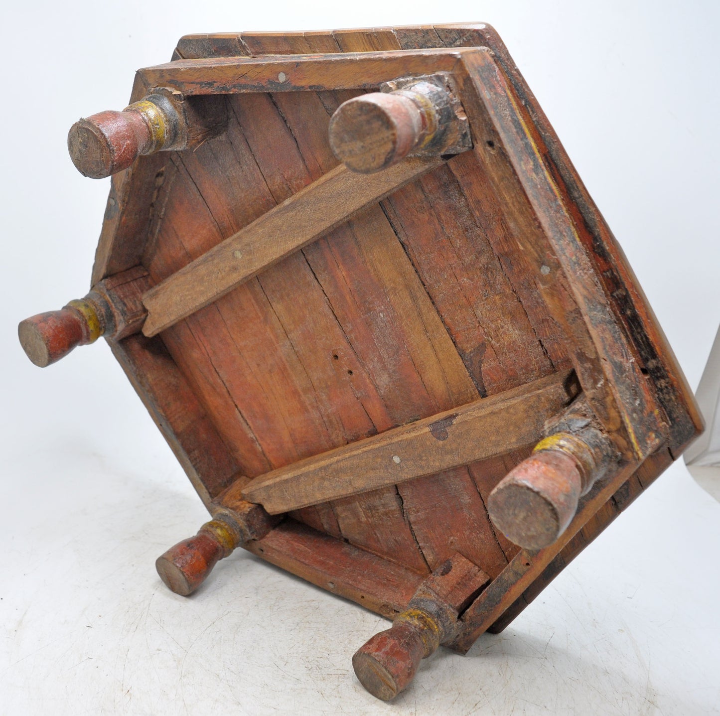 Antique Wooden Hexagonal Floor Sitting Bajot Stool Original Old Hand Crafted