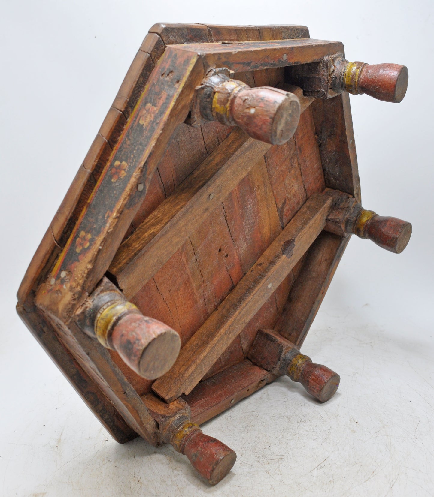 Antique Wooden Hexagonal Floor Sitting Bajot Stool Original Old Hand Crafted