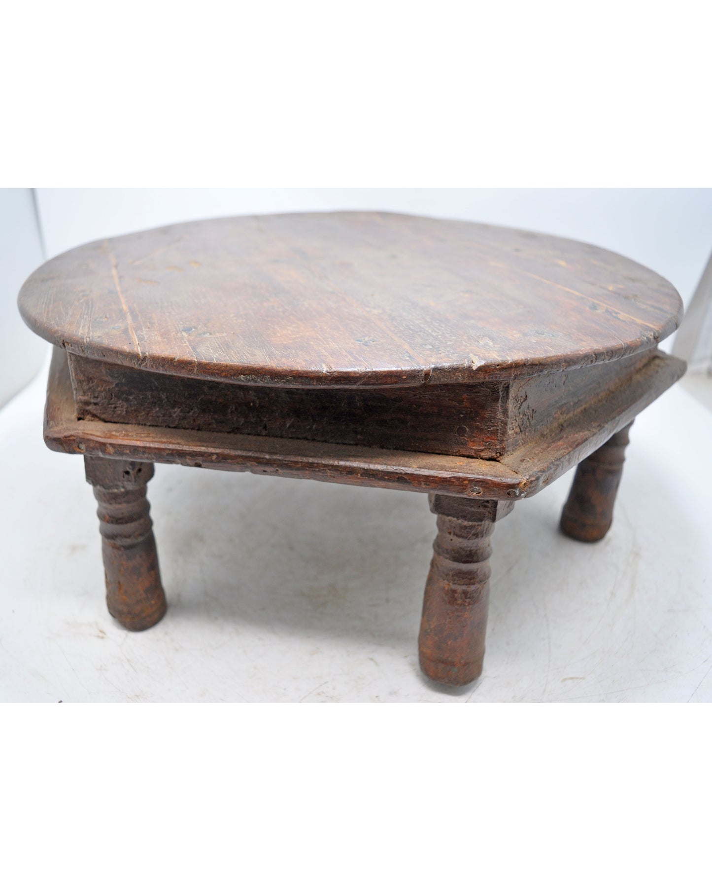 Antique Wooden Round Floor Sitting Bajot Stool Original Old Hand Crafted