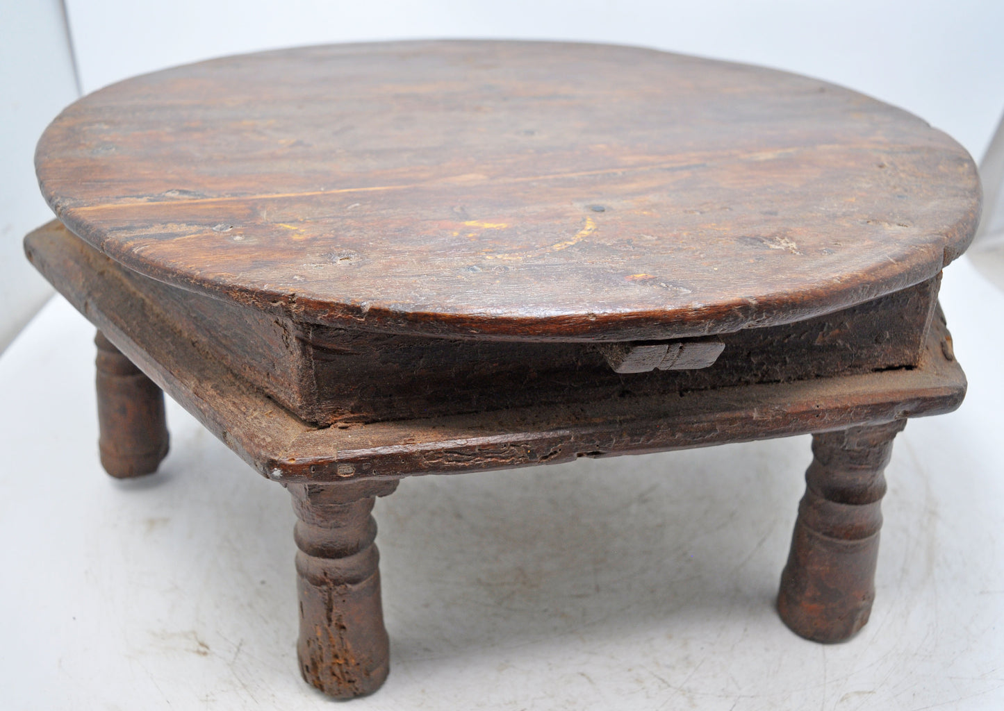 Antique Wooden Round Floor Sitting Bajot Stool Original Old Hand Crafted