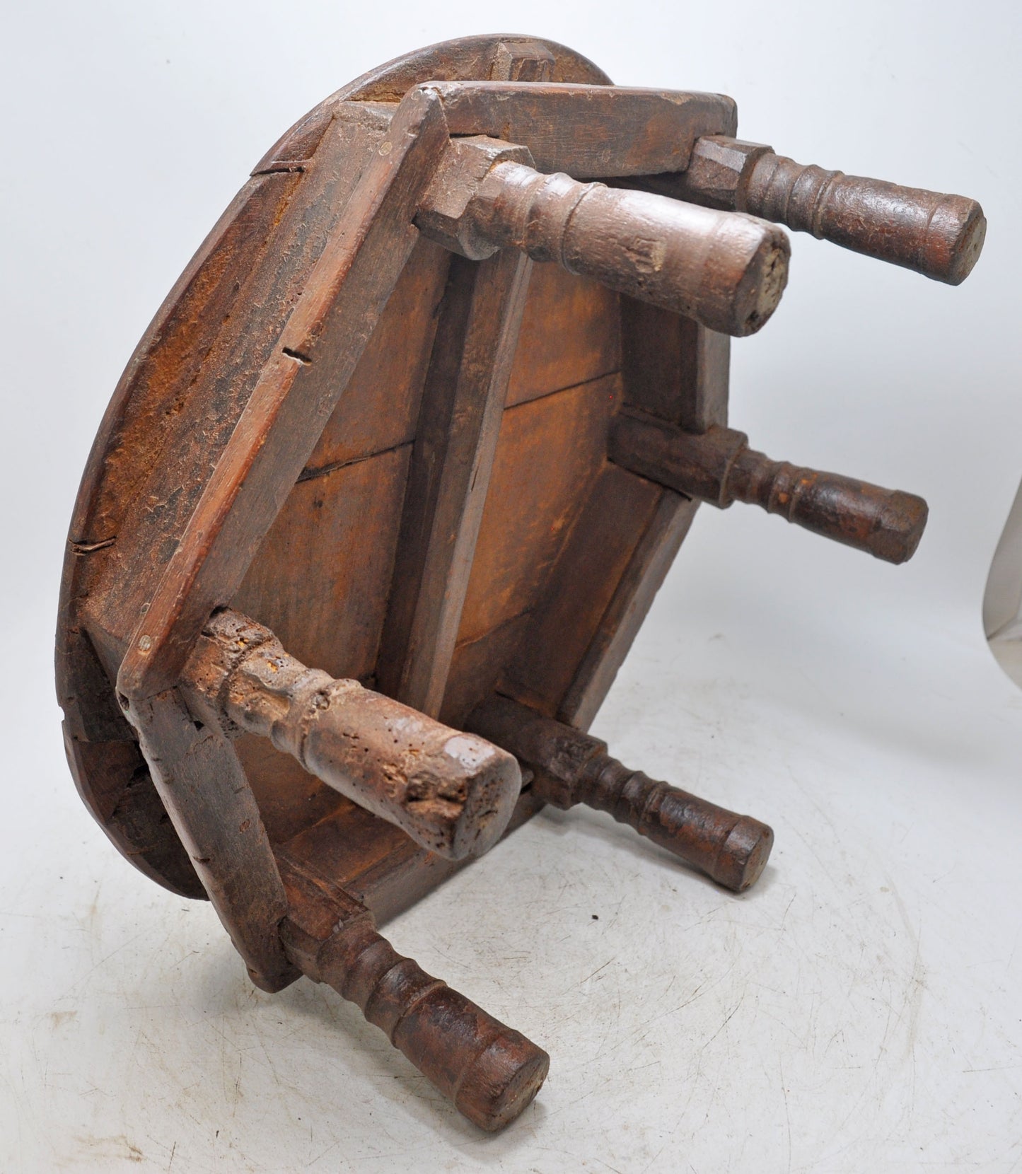 Antique Wooden Round Floor Sitting Bajot Stool Original Old Hand Crafted