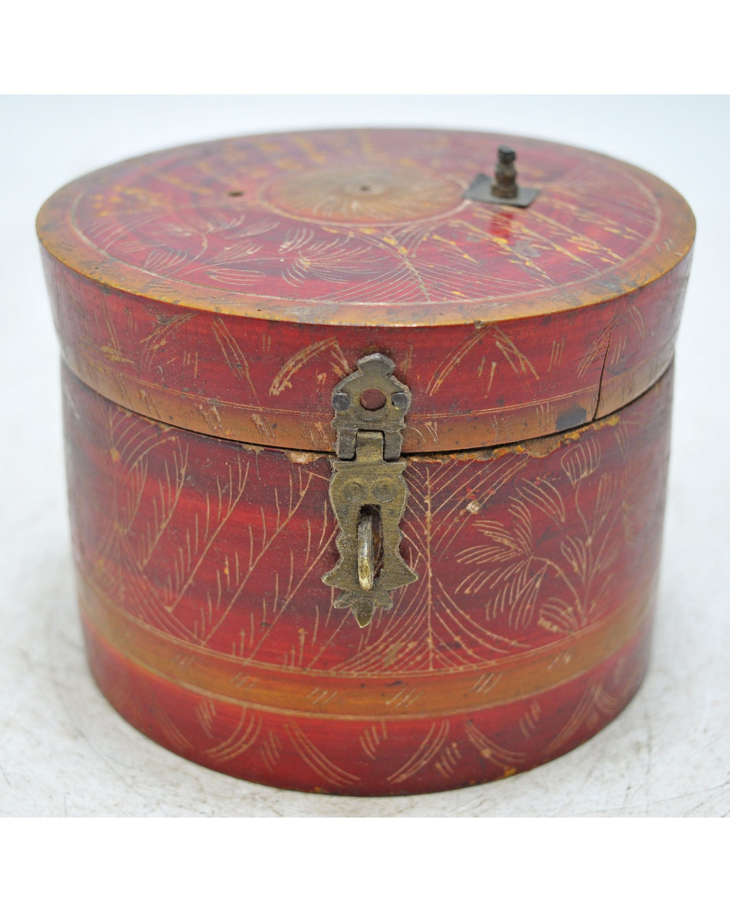 Antique Wooden Kum Kum Powder Tika Box Original Old Hand Carved Lacquer Painted