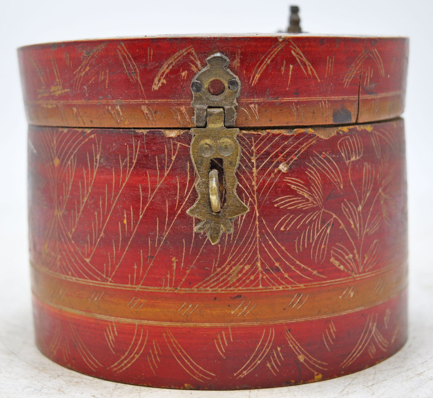 Antique Wooden Kum Kum Powder Tika Box Original Old Hand Carved Lacquer Painted