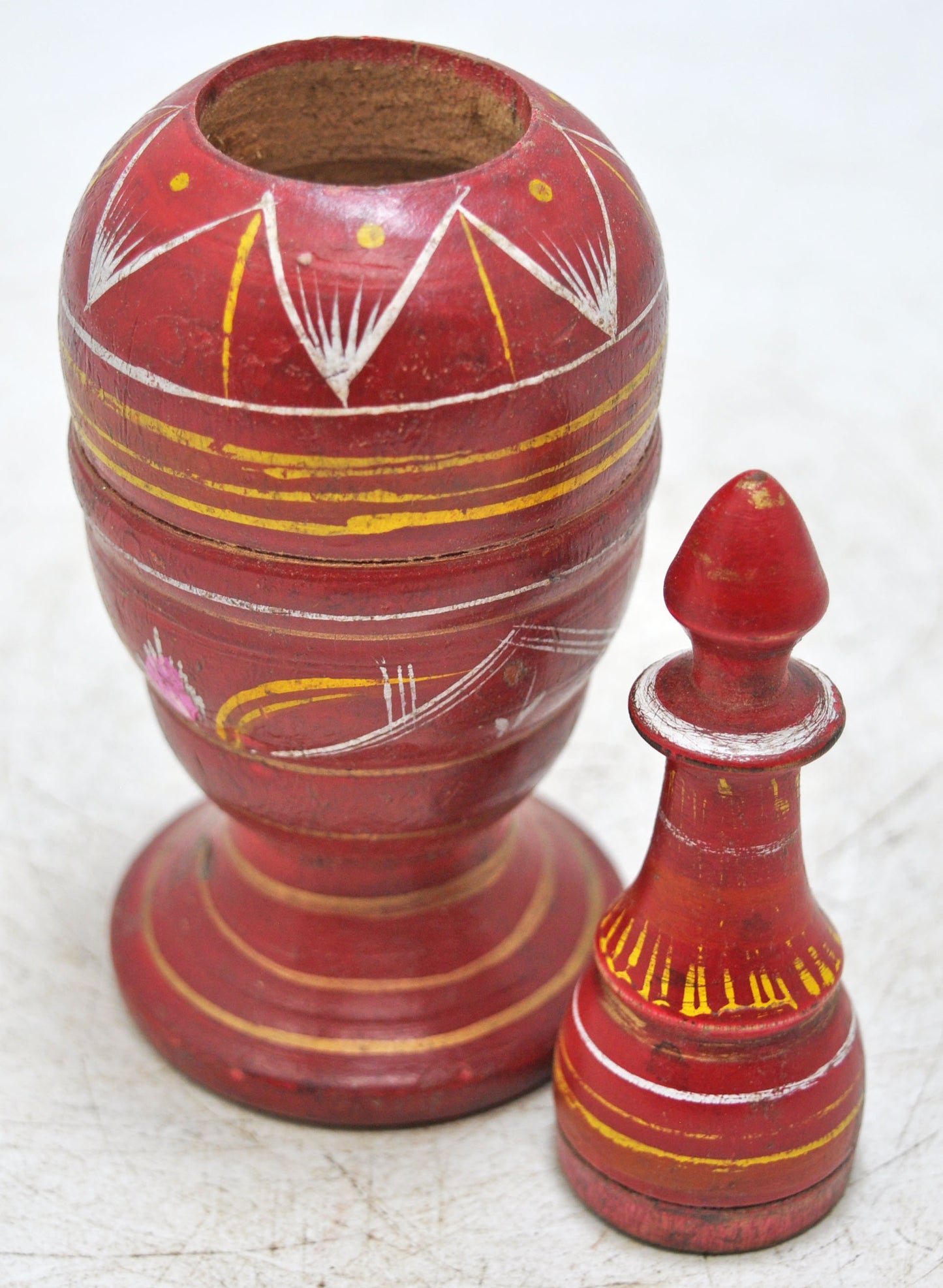 Vintage Wooden Kum Kum Powder Tika Box Original Old Hand Carved Lacquer Painted